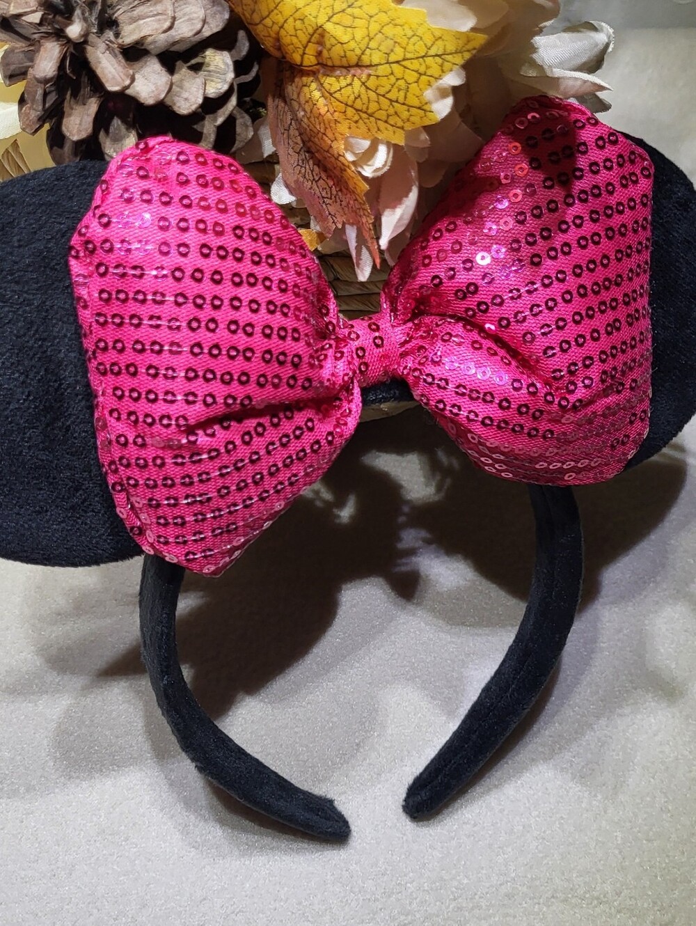 Disney Inspired NWOT Black & Pink Velour Sequins Minnie Mouse Ears- Headband - Picture 3 of 4